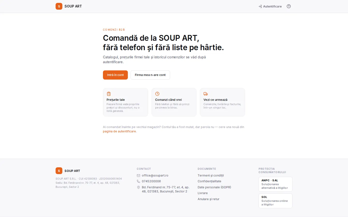 Shop B2B SOUP ART, captură de pe site-ul live